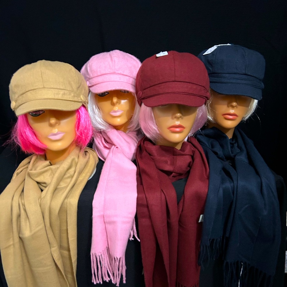Pink, Maroon, Navy Blue & Tan hat/scarf sets.  $15.00 per set